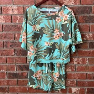 Oli Viv Aqua Green Tropical Floral Lounge Shorts Set